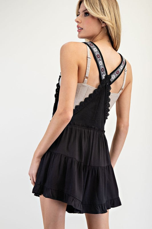 Lace Trim Tiered Sleeveless Romper