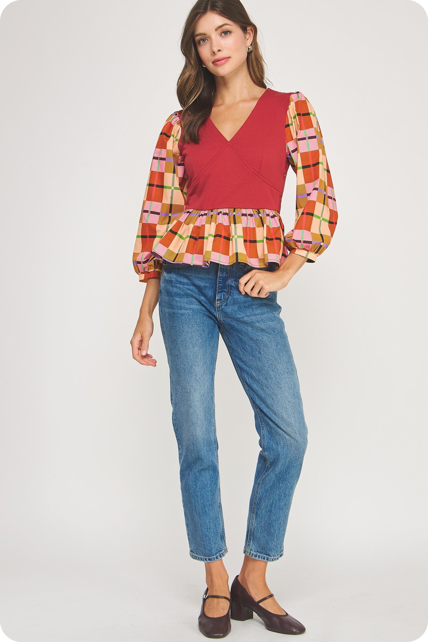 Plaid Mixed Media 3/4 Sleeve Knit Top