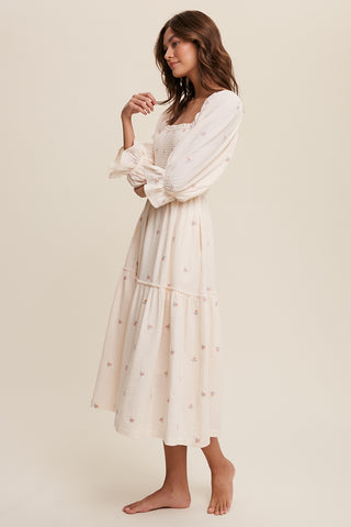 Ditzy Floral Embroidery Puff Sleeve Maxi Dress