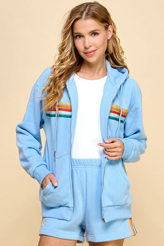 Zipper Front Sweater Hoodie Featuring Multi-Color Striped Detailed Front