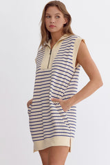 Stripe Print Ribbed Cap Sleeve Mini Dress