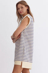 Stripe Print Ribbed Cap Sleeve Mini Dress