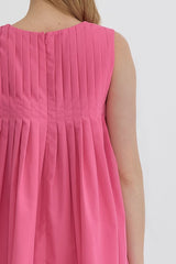 Round Neck Sleeveless Pleat Detail Mini Dress