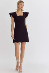Square Neck Quilted Button Down Ruffle Sleeve Mini Dress