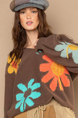 V-Neck Oversized Ballon Sleeve Floral Pattern Pullover Sweater