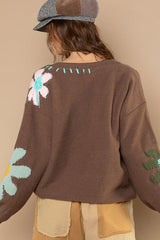 V-Neck Oversized Ballon Sleeve Floral Pattern Pullover Sweater