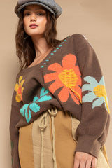 V-Neck Oversized Ballon Sleeve Floral Pattern Pullover Sweater