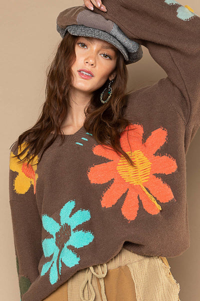 V-Neck Oversized Ballon Sleeve Floral Pattern Pullover Sweater