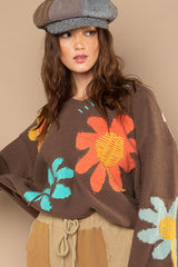 V-Neck Oversized Ballon Sleeve Floral Pattern Pullover Sweater