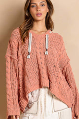 V-Neck Hooded Cable Knit Chenille Sweater