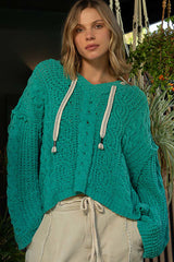 V-Neck Hooded Cable Knit Chenille Sweater