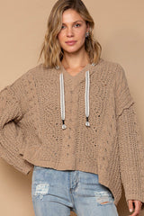 V-Neck Hooded Cable Knit Chenille Sweater
