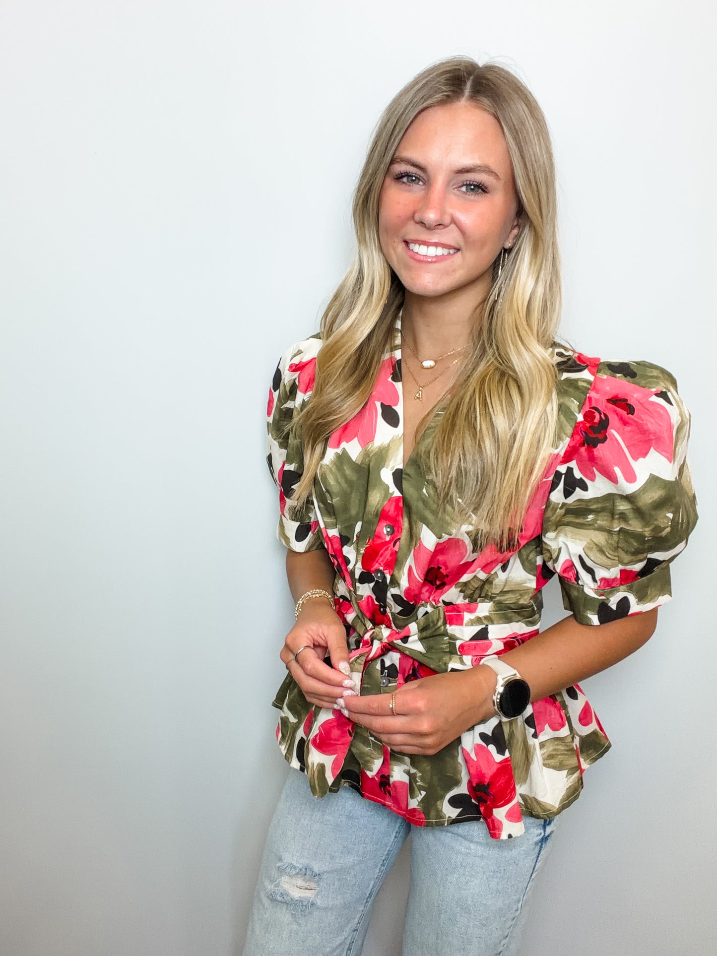 Floral Print Short Puff Sleeve Top