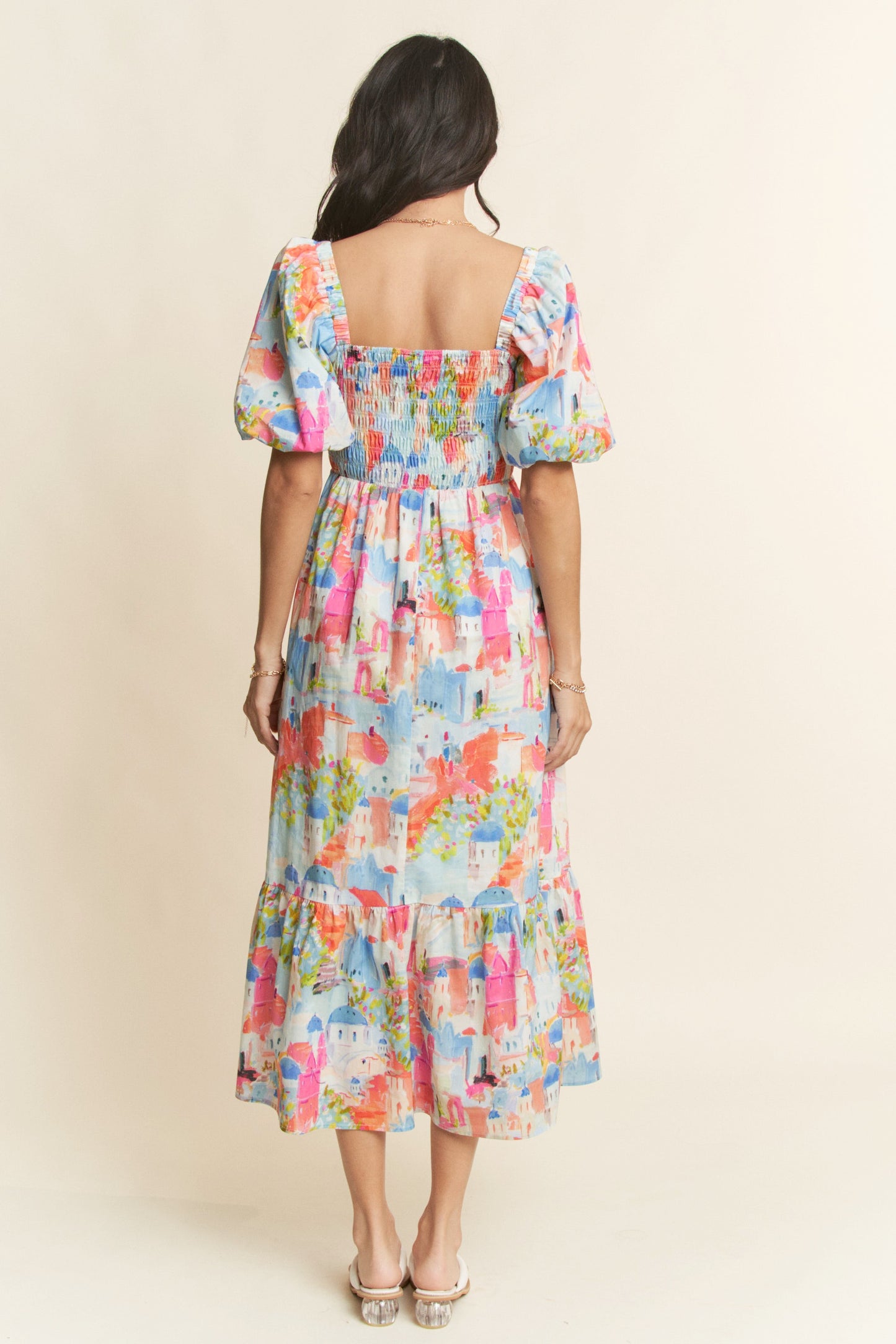 Balloon Short Sleeve Smocking Bodice Midi Dress