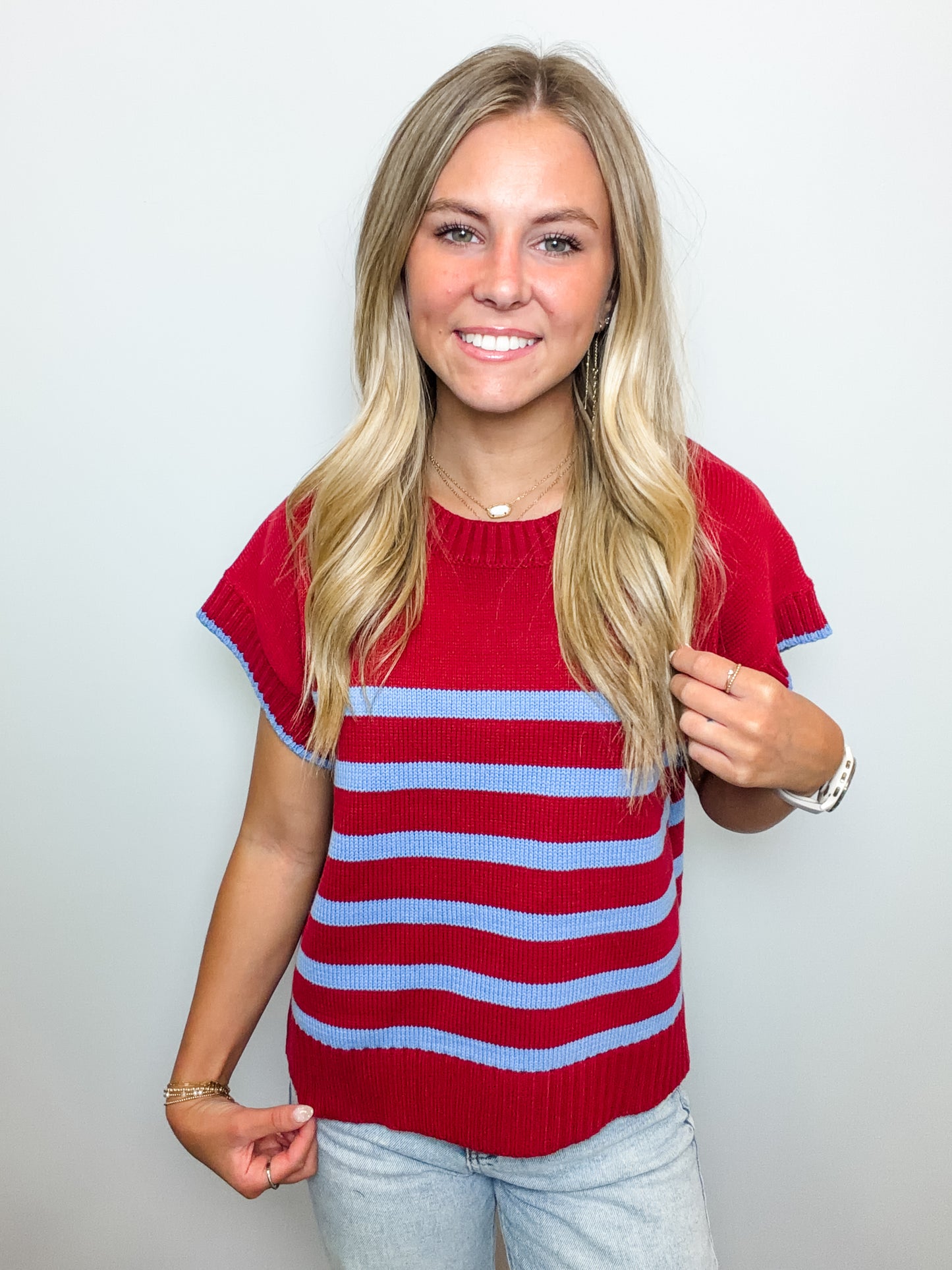 Striped Short Sleeve Sweater Knit Top