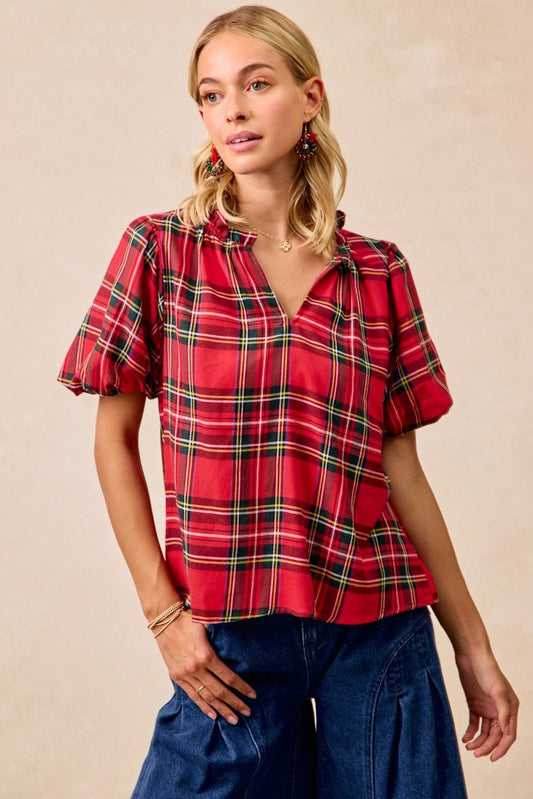 Christmas Plaid Short Sleeves Ruffled V-neck Top