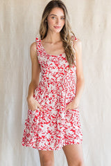 Red Floral Print Self-Tie Straps Dress