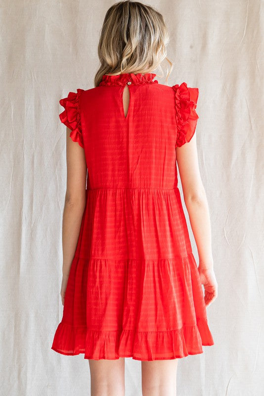 Red Textured Ruffle Tiered Dress