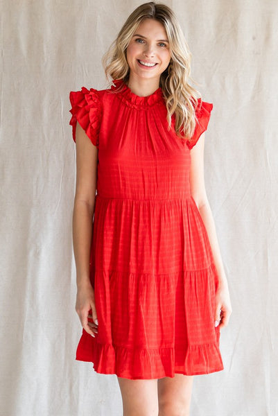 Red Textured Ruffle Tiered Dress