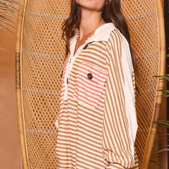 Striped Color-Block Oversized Button Up Tunic Top