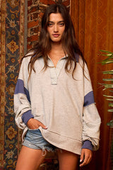 French Terry Knit Color-Block Collared Loose Fit Top