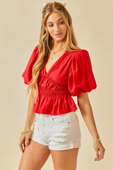V-Neck Ruched Bubble Sleeve Top