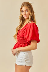 V-Neck Ruched Bubble Sleeve Top