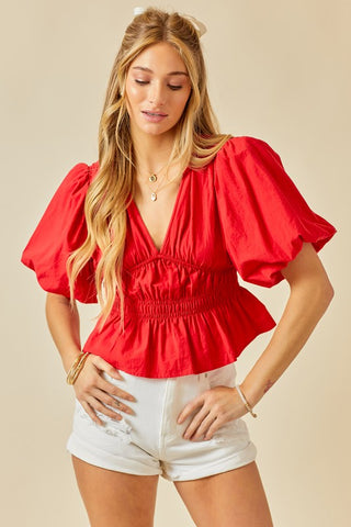 V-Neck Ruched Bubble Sleeve Top