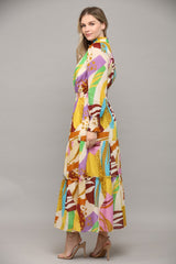 Abstract Print Button Front Tiered Long Dress