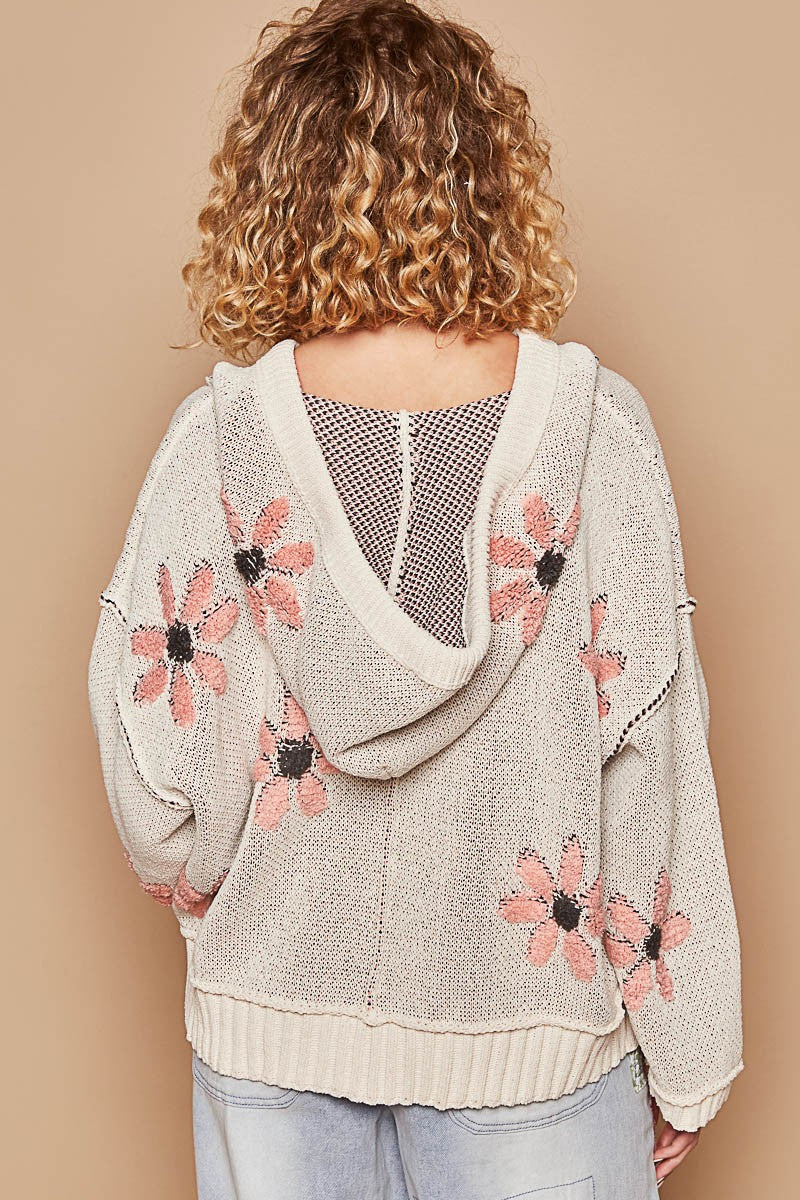 Hooded V-neck Floral Pattern Pullover Sweater