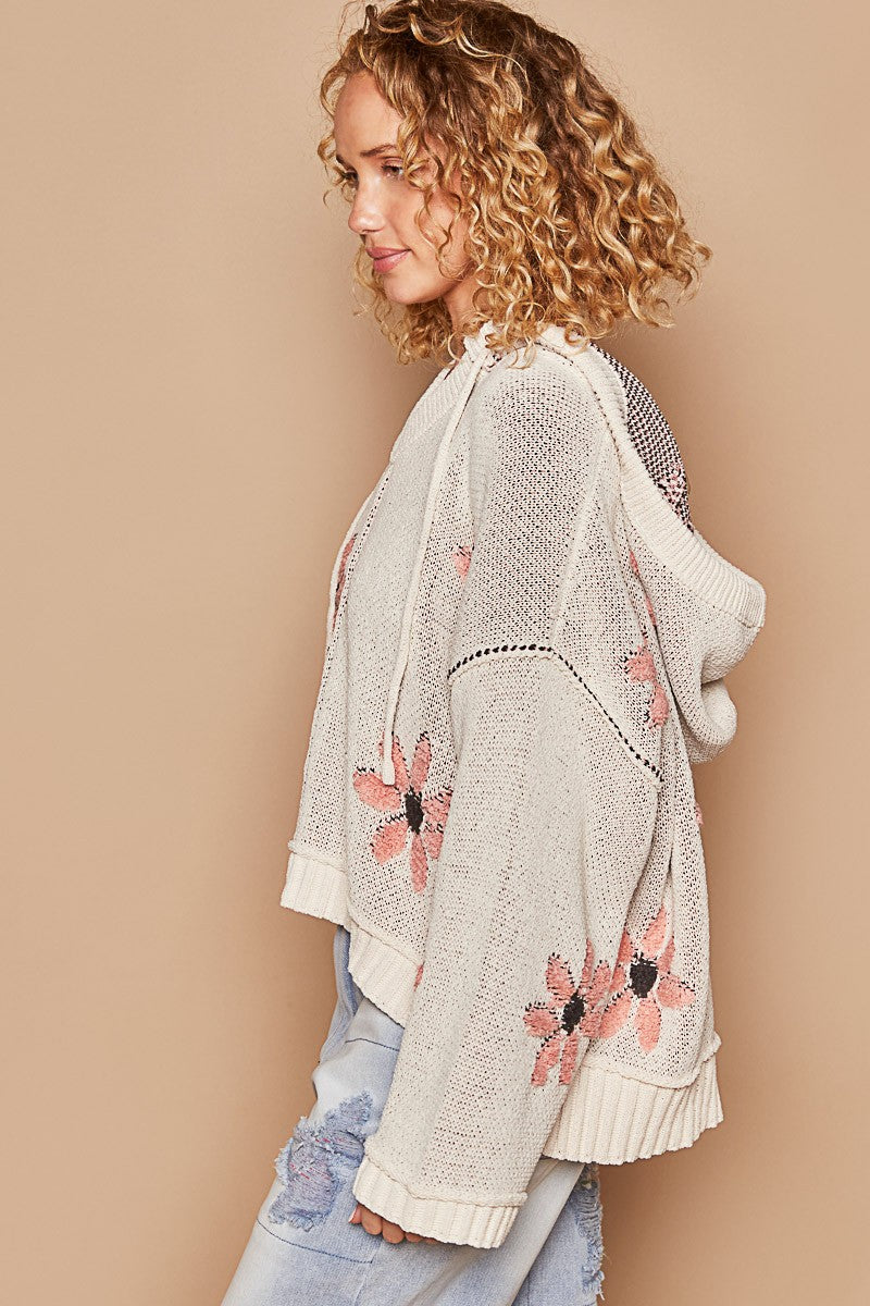 Hooded V-neck Floral Pattern Pullover Sweater