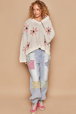 Hooded V-neck Floral Pattern Pullover Sweater