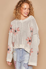 Hooded V-neck Floral Pattern Pullover Sweater