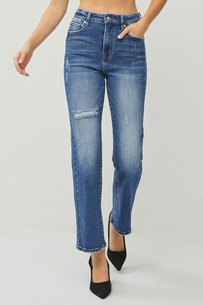 Risen - High Rise Straight Dark Wash Ankle Jeans