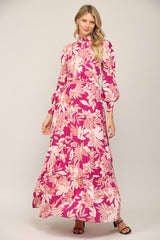 Floral Print Smocked Ruffle Neck Maxi Dress