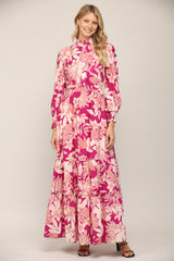 Floral Print Smocked Ruffle Neck Maxi Dress