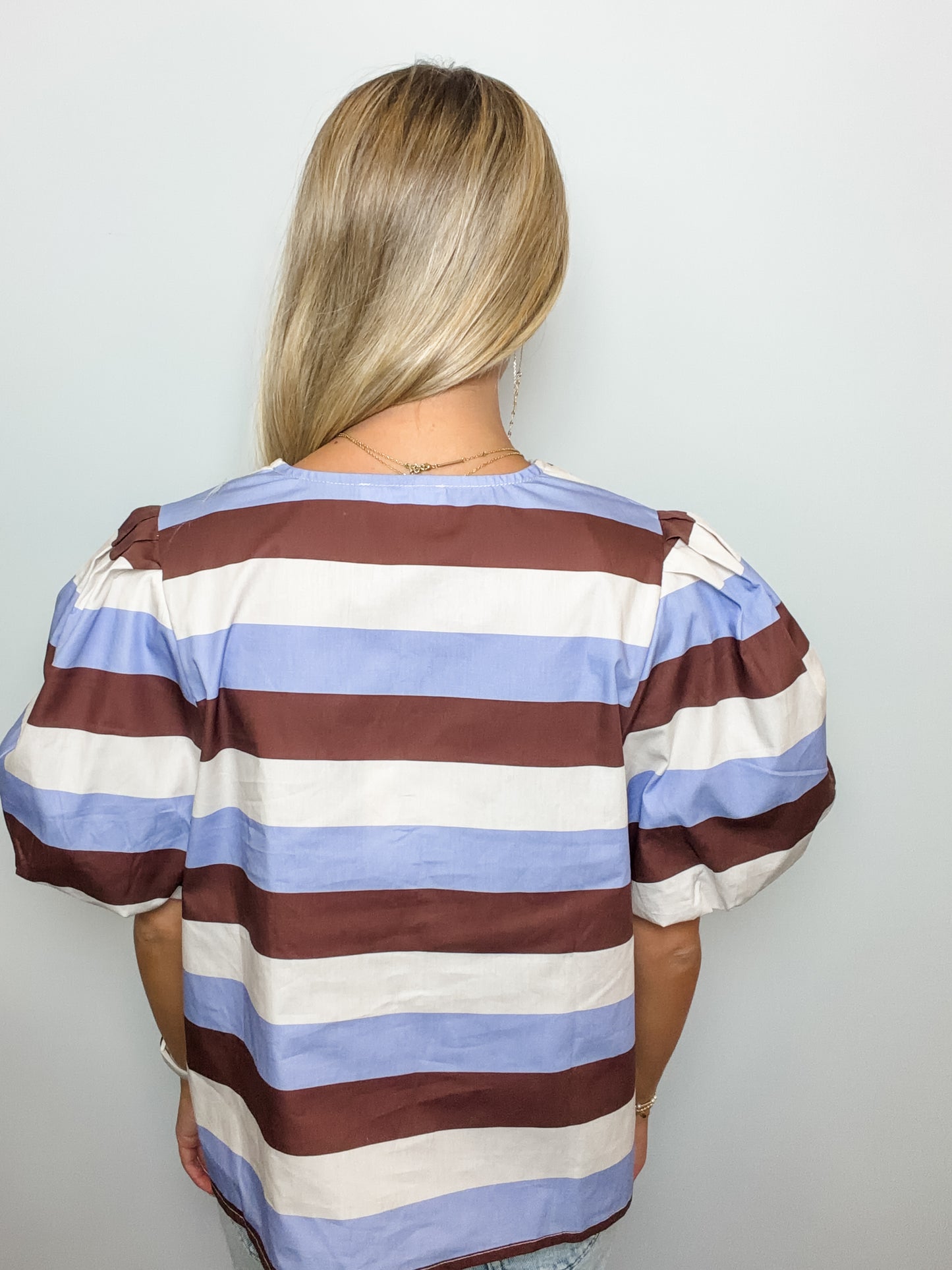 Stripe Short Puff Sleeve Top