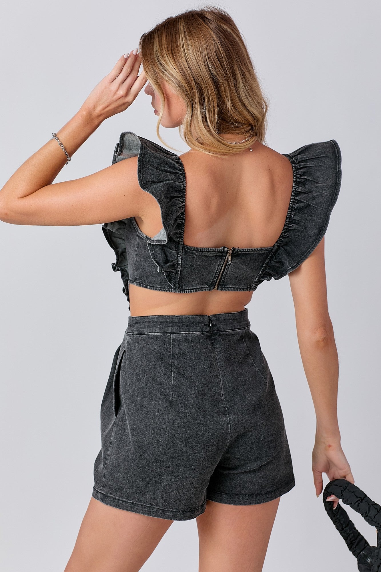 Ruffle Shoulder Denim Romper