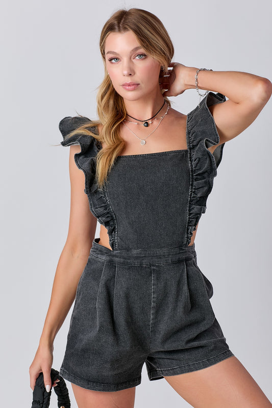 Ruffle Shoulder Denim Romper