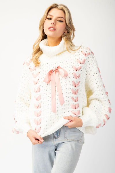 Bow Lace Point Turtle Neck Sweater