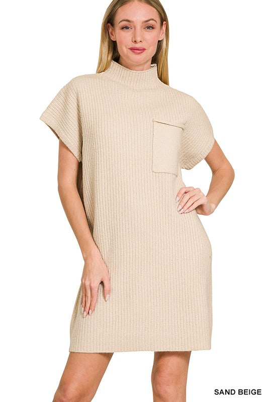 Mock Neck Short Sleeve Sweater Dress