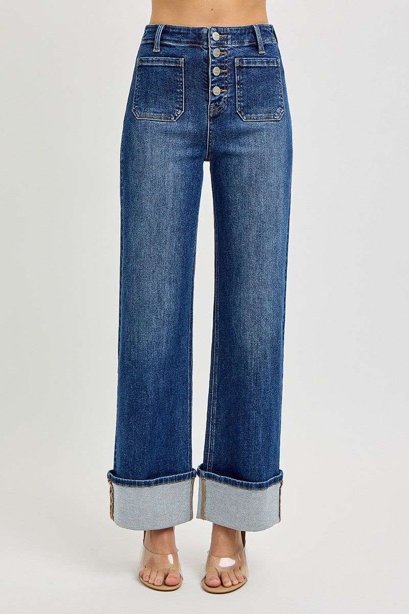 Risen - High Rise Ankle Wide Button Down Cuffed Jeans