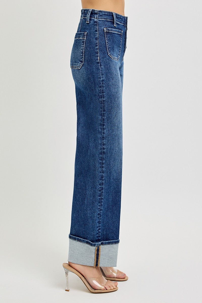 Risen - High Rise Ankle Wide Button Down Cuffed Jeans