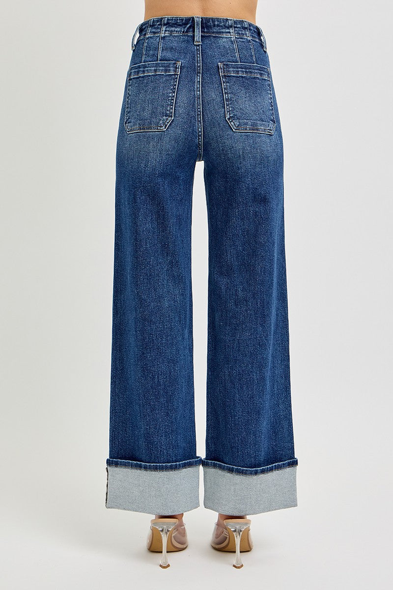 Risen - High Rise Ankle Wide Button Down Cuffed Jeans