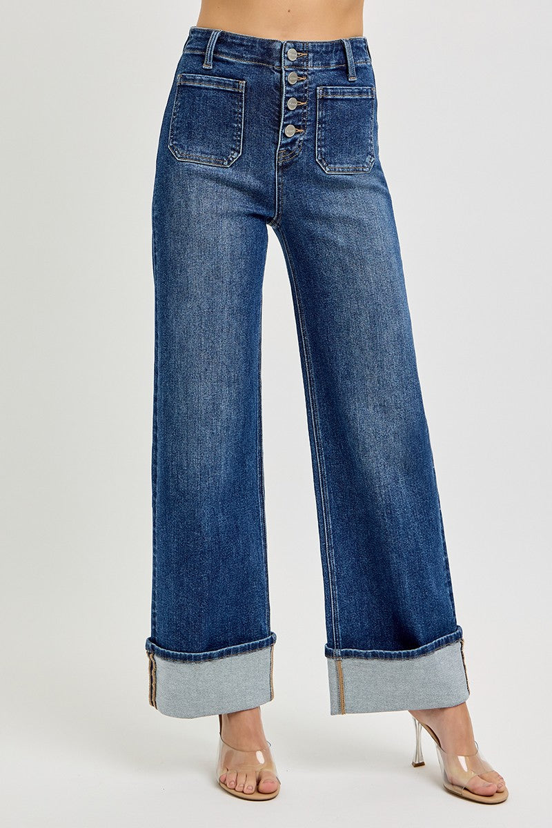 Risen - High Rise Ankle Wide Button Down Cuffed Jeans