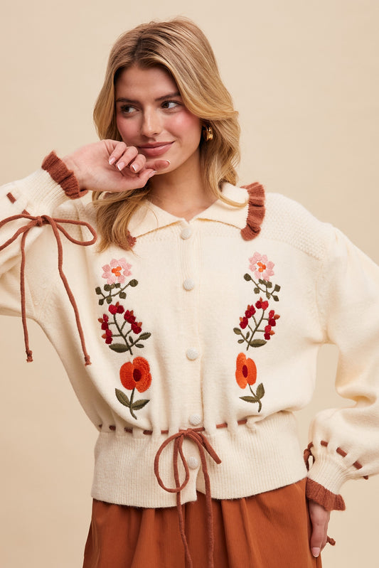 Floral Embroidered Knit Cardigan Sweater