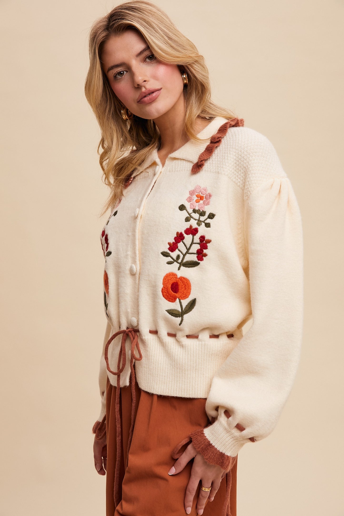 Floral Embroidered Knit Cardigan Sweater