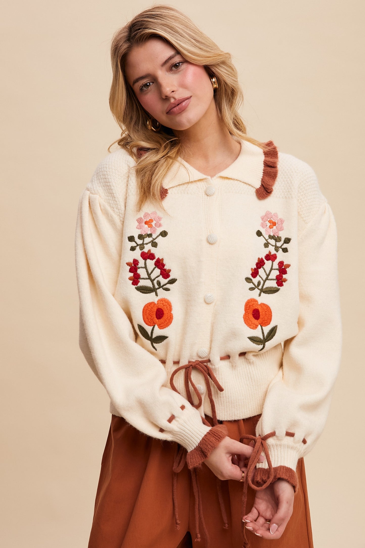 Floral Embroidered Knit Cardigan Sweater