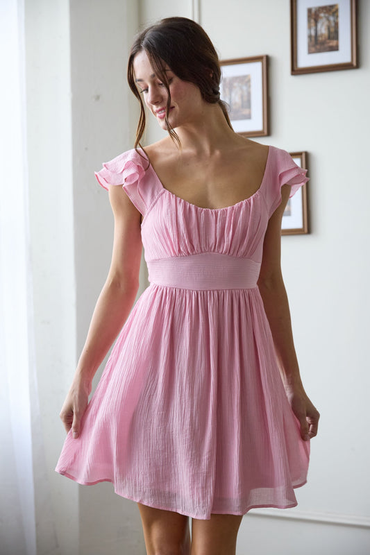 Ruffle Sleeve Back Tie Solid Mini Dress