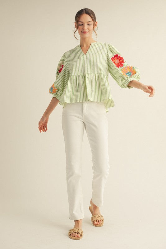 Embroidered Stripe Babydoll Top
